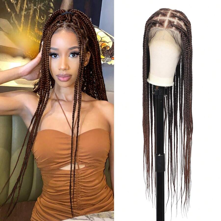 36" 360° HD Full Lace Large Square Knotless Braided Wigs For Women Box Braid Wig Braided Lace Front Wigs Premium Synthetic Braid Wig With Hair Brown,38058816 - 棕色 - 查看 1