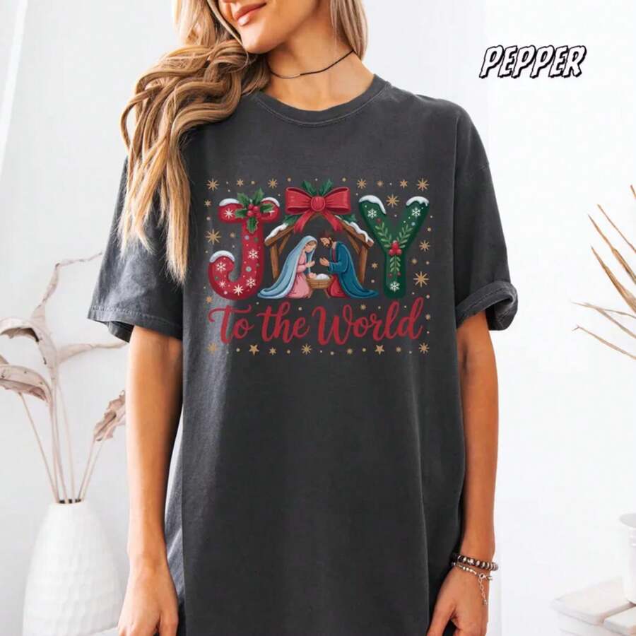 T-shirt Scène de la Nativité de Noël | T-shirt chrétien "Joie au monde" - Noir - Voir 1