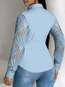 Plus Size Women Elegant Solid Color Lace Hollow Long Sleeve Blouse Spring - Baby Blue - View 3