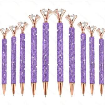 10Pcs Crystal Twist Metal Pen, Sparkling, 1.0mm Medium Retractable Nib, Black Ink, For Note-Taking, Light Purple