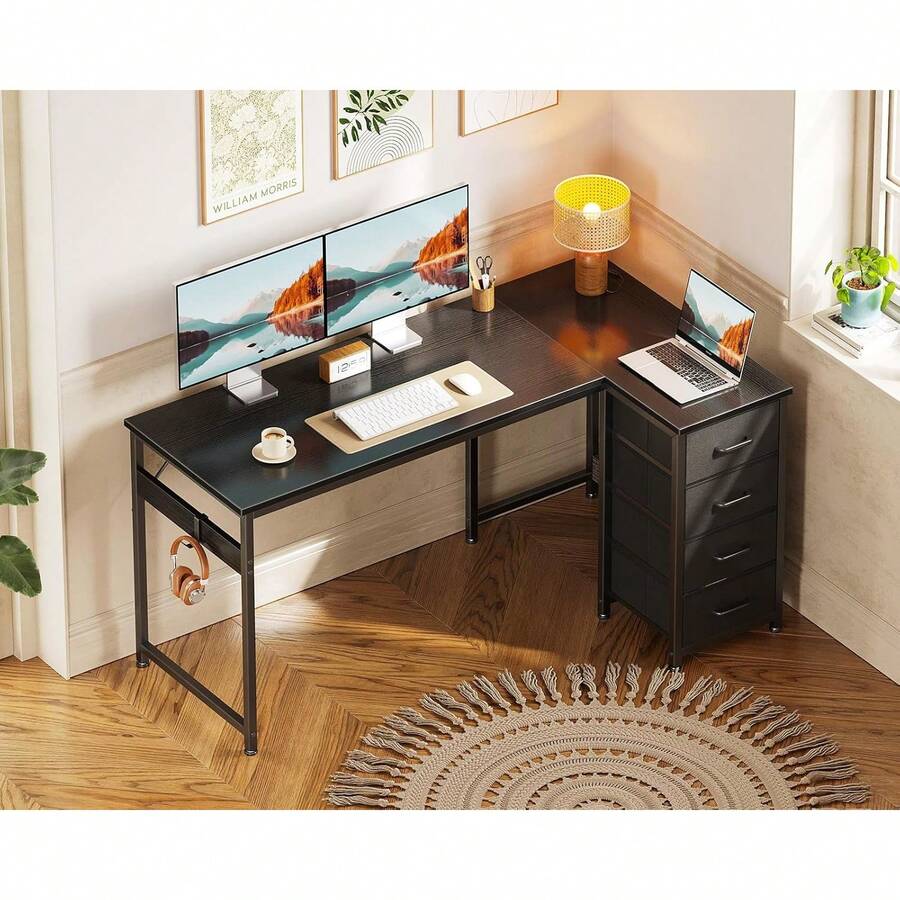 L Shaped Desk With 4 Drawers, 47" Corner Computer Desk With Storage, Reversible Kids Study Table With Hook, Work Table For Home Office, (Black,Model) - 黑色 - 查看 1