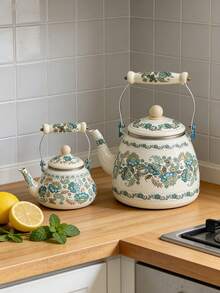 1 buc. Fierbător emailat vintage cu motive florale și mâner ceramic, multifuncțional pentru fierberea apei, cafelei, laptelui, ceaiului pe aragaz, ceai de după-amiază la birou, picnic și camping în aer liber, cadou excelent - Flori albastre - Vizualizare 7