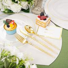 150PCS Clear Silver Plastic Plates & Disposable Silver Plastic Silverware With Glitter Bamboo Handle Cutlery-Baroque Clear Disposable Plates For Wedding & Easter Day & Mother's Day-TrugenixYSN1B - 金色 - 查看 10