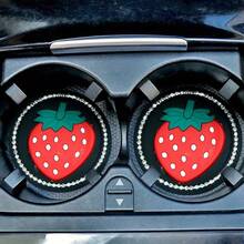 Car Accessories Diamond Water Cup Mat, Car Strawberry Cartoon Round Silicone Non-Slip Mat Insulated Water Diamond Car Cup Holder - 1 包草莓杯墊 - 查看 3