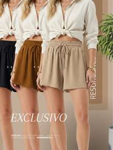 Women's Loose-Fitting High-Waisted Shorts With Elastic Waist, Comfortable, Duna Fabric, Casual, Chic, Everyday, Lightweight, Basic, Blogger Style, Knit Fabric, Faux Drawstring, Women's Fashion, Home, Beach, Vacation, Diary, Brunch, Travel, Spring, Summer - 紅木色 - 查看 1