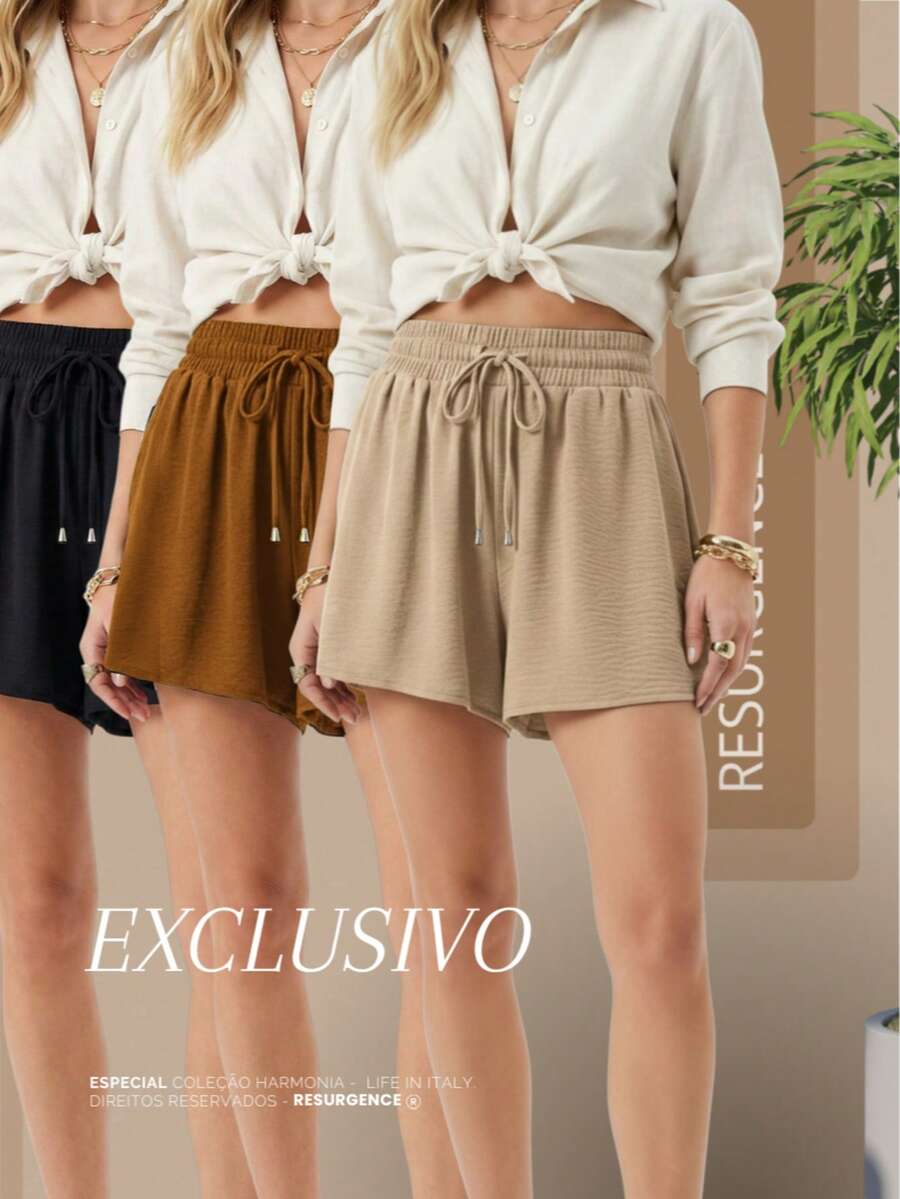 Women's Loose-Fitting High-Waisted Shorts With Elastic Waist, Comfortable, Duna Fabric, Casual, Chic, Everyday, Lightweight, Basic, Blogger Style, Knit Fabric, Faux Drawstring, Women's Fashion, Home, Beach, Vacation, Diary, Brunch, Travel, Spring, Summer - 紅木色 - 查看 1