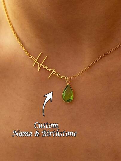 1PC [Customized] Personalized Name Teardrop Birthstone Necklace, Stainless Steel Jewelry, Custom Gemstone Necklace, Women's Necklace, Women's Jewelry, Custom Name, Choice Of 1-12 Birthday Gemstone, Couple Necklace, Gift For Her, Personalized Gift For Valentine's Day, Eid, Birthday, Anniversary, Mother's Day Gift For Mom