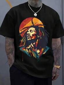 Men's Reggae Style Pattern T-Shirt-Bright Dreadlocks Character Print, Breathable Knitted Polyester Fabric, Summer Casual Short Sleeve Tops And Weekend Outing Essential | Casual Style Shirt | Machine Washable - 黑色 - 查看 1