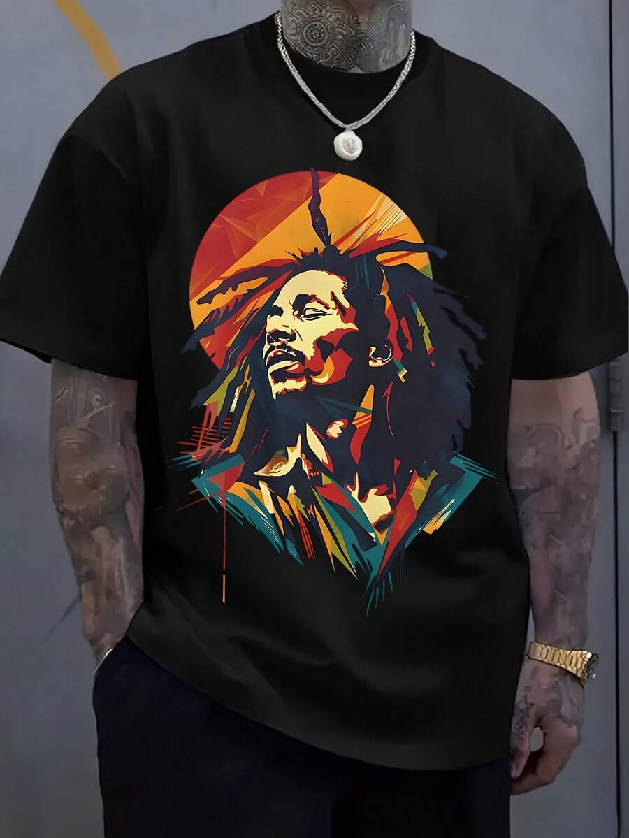 Men's Reggae Style Pattern T-Shirt-Bright Dreadlocks Character Print, Breathable Knitted Polyester Fabric, Summer Casual Short Sleeve Tops And Weekend Outing Essential | Casual Style Shirt | Machine Washable - 黑色 - 查看 1