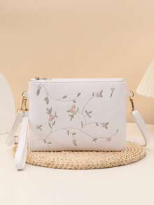 女士单肩包，校园风纯色斜挎包，轻便文具包，适合小学、初中、高中及大学生，女生、闺蜜，可作礼物，PU材质单肩包，刺绣花叶图案，可作手拿包、收纳包、铅笔盒、信封包 - 白色 - 查看 2