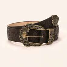 Boho Western Cowboy Style Carved Buckle Solid Color Embossed PU Leather Belt, Coffee Color Punk Belt, Suitable For Pants, Skirts, Coats, Sweaters, Western Style, Fit For Street, Party, Music Festival, Plus Size, Christmas - Bronze (bronze Buckle) - View 9