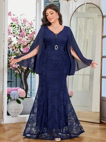 MISSMAY Plus Size Deep V-Neck Floral Lace Patchwork Chiffon Split Sleeve Dress, Decorated With Rhinestone Buckle Belt And Fishtail Hem, Suitable For Formal Parties, Valentine's Day, Wedding Guests, Birthday, Graduation Ceremony, Homecoming And Other Occasions - Navy Blue - View 6