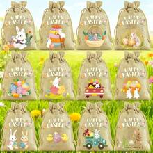 12个复活节黄麻礼品袋，亚麻抽绳袋，复活节兔子礼品袋，乡村风格抽绳袋，派对礼品DIY工艺品 - 彩色 - 查看 3