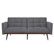 Mid-Century Modern Futon Sofa Bed In Linen Blend, 146 Cm Wide, 5-Position Adjustable Backrest And Fixed Armrests, Metal Legs, Grey - 灰色 - 查看 12