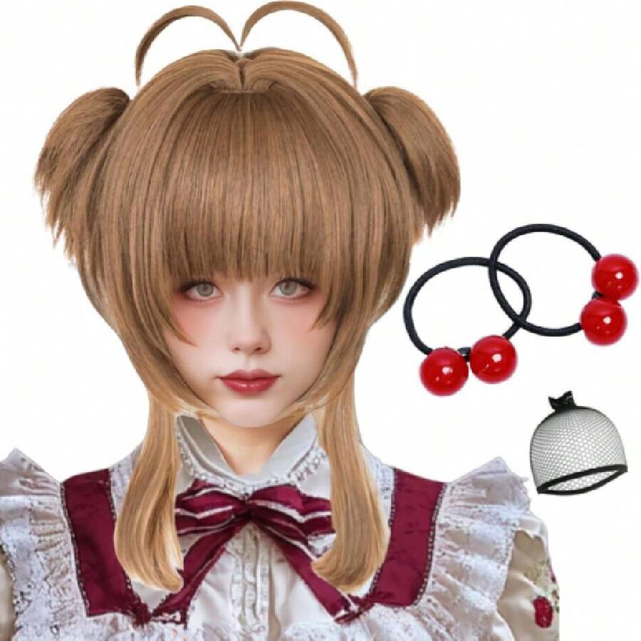 Brown Ponytail Anime Wig With Bangs Short Brown Lolita Twin Tails Pigtails Wig For Wigs Cosplay Wigs For Women Wig Install Kit Women Halloween Costumes Party,38046576 - Light Brown - 查看 1