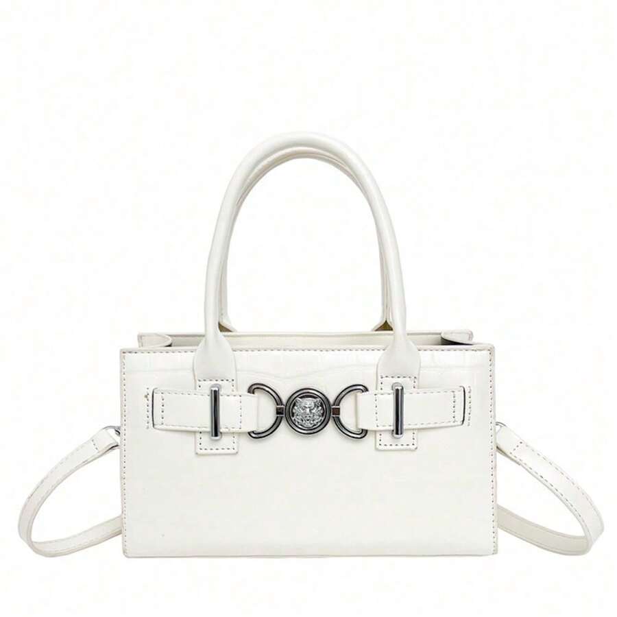 [Oferta exclusiva]Bolso de hombro para mujer elegante y de moda bolso pequeño cuadrado con diseño de piedra bolso Kelly mismo estilo que la actriz bolso de hombro cruzado - Blanco - Ver 1