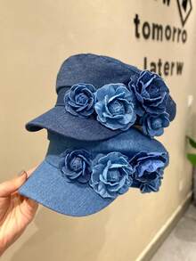 1 chiếc mũ lưỡi trai nữ kiểu Newsboy - Mũ vải màu xanh nhạt đã qua xử lý với họa tiết hoa 3D màu xanh dương | Phong cách nữ tính cổ điển, nhẹ và thoáng khí | Phụ kiện đa năng mùa xuân/thu cho các dịp thường ngày, hẹn hò ăn trưa, dã ngoại và dạo phố | Mũ beret đen thời trang dành cho nữ - Nhiều màu - Xem 10