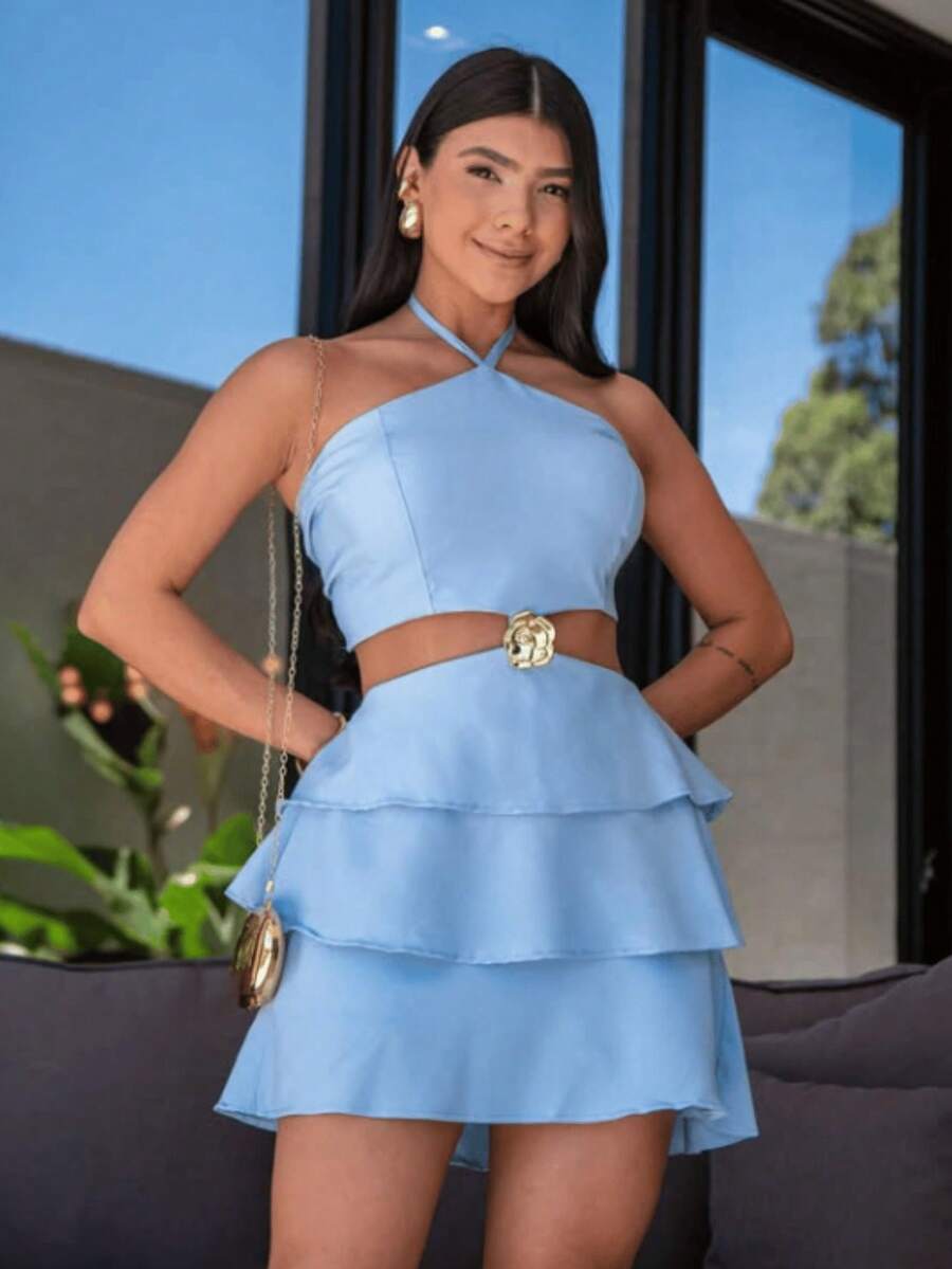 Romper Dress With Ruffles, Flower Detail, Buckle, Halter Neck, Tailored - Màu xanh nhạt - Xem 1