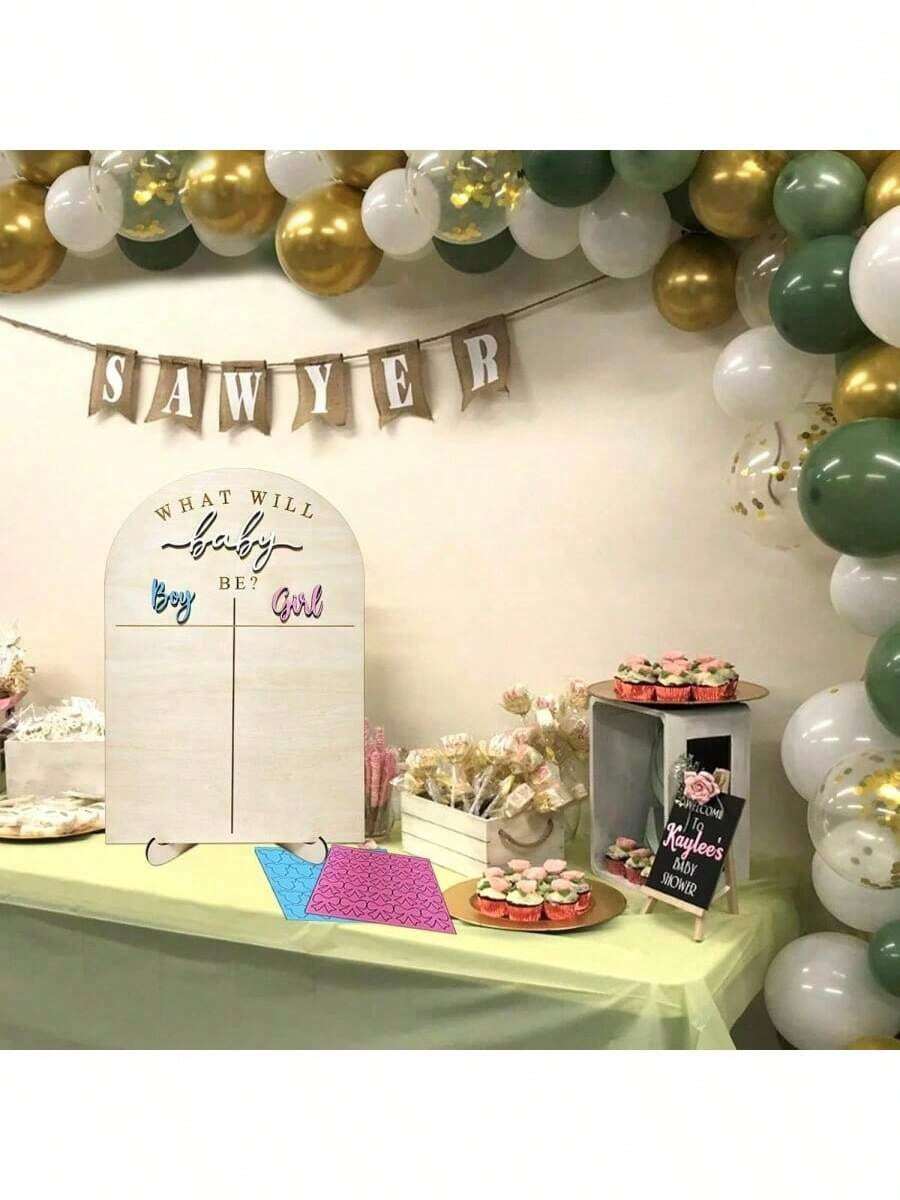 1个带支架的木制性别揭晓投票板，婴儿生日派对装饰纪念品，1个带支架的投票板+25个粉色木片+25个蓝色木片，婴儿数据标牌，拍照道具，婴儿房装饰，也适用于万圣节和圣诞节装饰，以及孕期派对和婴儿房装饰