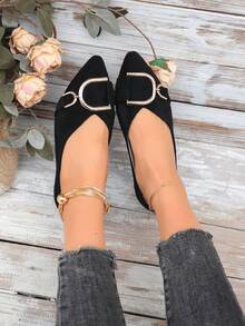 Women's Fashion Pointed Toe Slip-On Ballet Shoes, Large Size, Buckle Decor, Suitable For Spring And Autumn - Black Suede - View 5