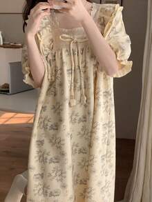 Women's Sleepwear Dress, Solid Color Square Neck Nightgown With Bow Decor, Contrast Color Cute Cartoon Casual Sleepwear Dress, Suitable For Spring And Summer Home Leisure - Apricot - View 10