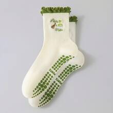 1 Pair Of Women's Non-Slip Yoga Socks With Silicone Grip - Green Matcha Embroidery, With Ruffled Edges, Breathable And Sweat-Absorbent, Yoga Sports Socks, Pilates Dance Training Socks, Ballet Dance Socks, Soft And Durable Mid-Calf Sports Socks, Suitable For Fitness, Walking, Exercise (Hand Wash Only) Multi-Functional Sports Accessories, Suitable For All Seasons - Matcha Green - Xem 1
