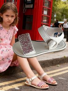 1 Pair Girls' Sweet Princess Sandals: White Upper With Pink-Silver Rhinestone Strap, Open Toe Adjustable Ankle Buckle, "Fashion" Printed Insole, Light Brown Non-Slip Rubber Sole, Daily Party Festival Footwear - Pink - View 1