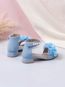 1 Pasang Sandal Putri Anak Perempuan Berhiaskan Berlian Imitasi dan Bunga, Hak Tebal, Ujung Terbuka, dengan Perekat Velcro, Cocok untuk Pertunjukan, Pemakaian Sehari-hari, dan Musim Panas - Baby Blue - View 4