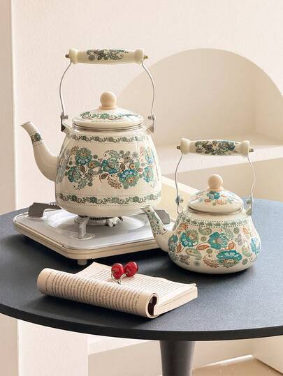 1 szt. czajnik emaliowany w stylu vintage z kwiatowym wzorem i ceramicznym uchwytem, wielofunkcyjny do gotowania wody, kawy, mleka, herbaty na kuchence, popołudniowej herbaty w biurze, na piknik i kemping, świetny prezent