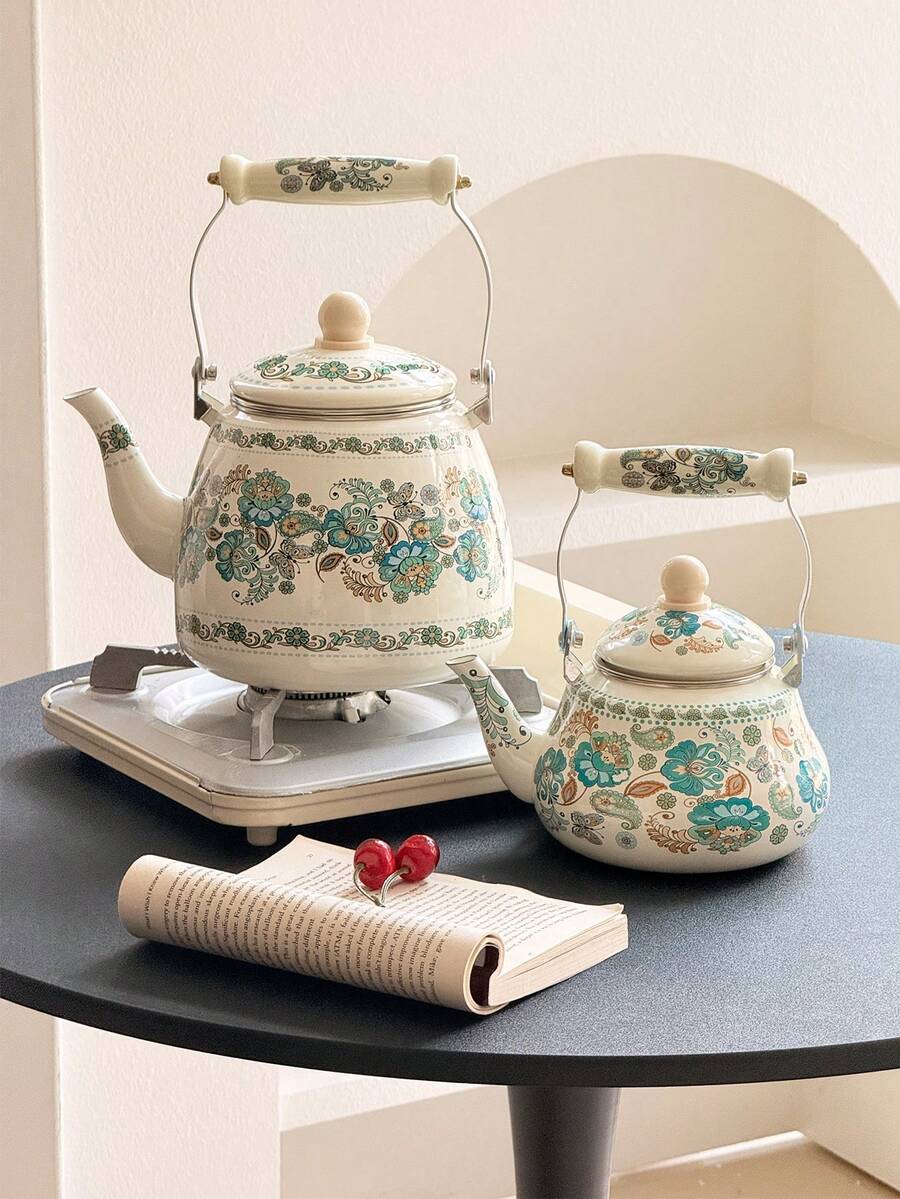 1 buc. Fierbător emailat vintage cu motive florale și mâner ceramic, multifuncțional pentru fierberea apei, cafelei, laptelui, ceaiului pe aragaz, ceai de după-amiază la birou, picnic și camping în aer liber, cadou excelent