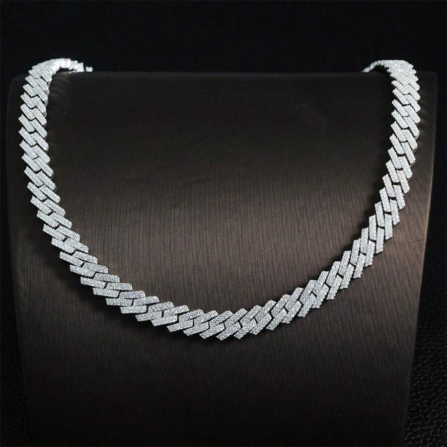 New Hot Cuban Chain Two Rows Of Stones 925 Silver Moissanite Full Set Men's Hip-Hop Bracelet Necklace, Hip-Hop Personalized Bracelet, Best Party Gift For Family And Friends, Birthday Gift, Holiday Gift, Graduation Gift - Bạc - Xem 1