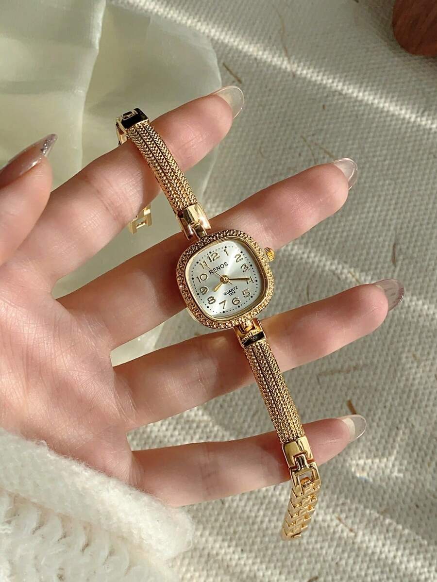 1件女士優雅金色手鍊腕錶,小巧耐用時尚方形螢幕,迷人送禮首選,適合日常配戴 - 金色 - 查看 1