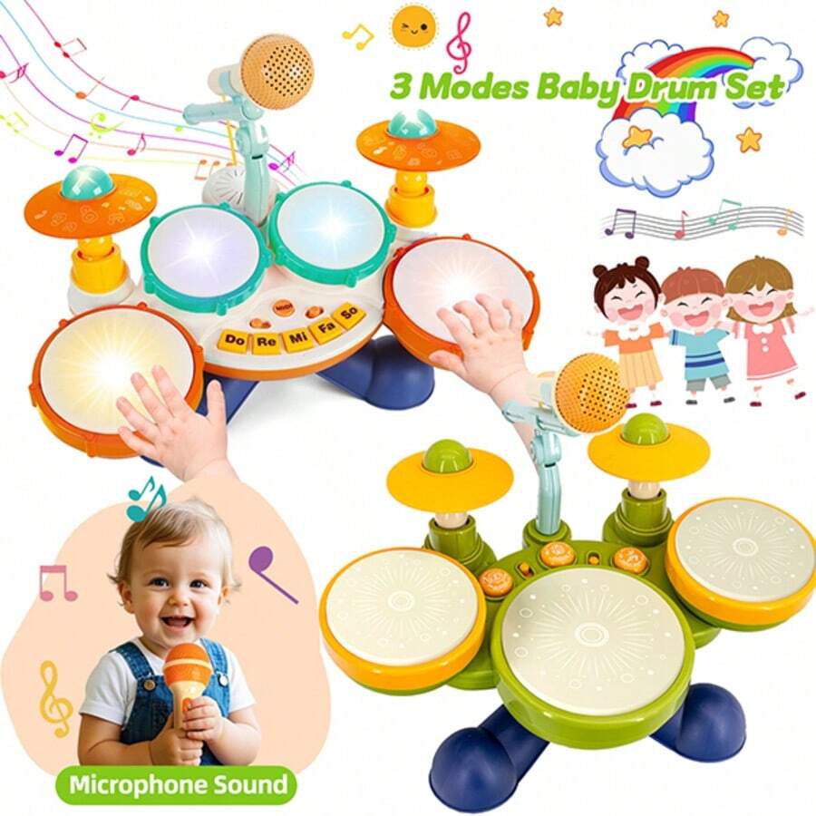 Two Styles Of Baby Drum Sets Available, Musical Toys With 10/20 Songs, Sound Effects, Animal Sounds, Game And Performance Modes, Flexible LED, Adjustable Volume, With Microphone, Children's Musical Instrument Toys Suitable For Children Over 12 Months Old, Drum Sets For Boys And Girls, Birthday Gifts - 橘色 - 查看 1