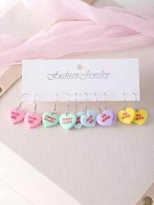 5 Pairs Vintage Valentine's Day Candy Color Heart "Hug Me Be Mine Sweet Heart" Earrings Set, Women Resin Macaron Color Simple Earrings, Valentine's Day Gift - 豐富多彩的 - 查看 2
