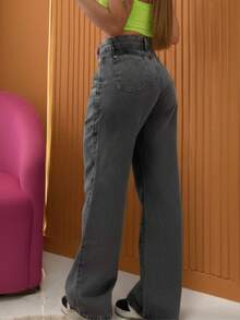 Wide Leg Jeans High Waist Graphite Palazzo Pants 100% Cotton - Màu xám đen - Xem 2