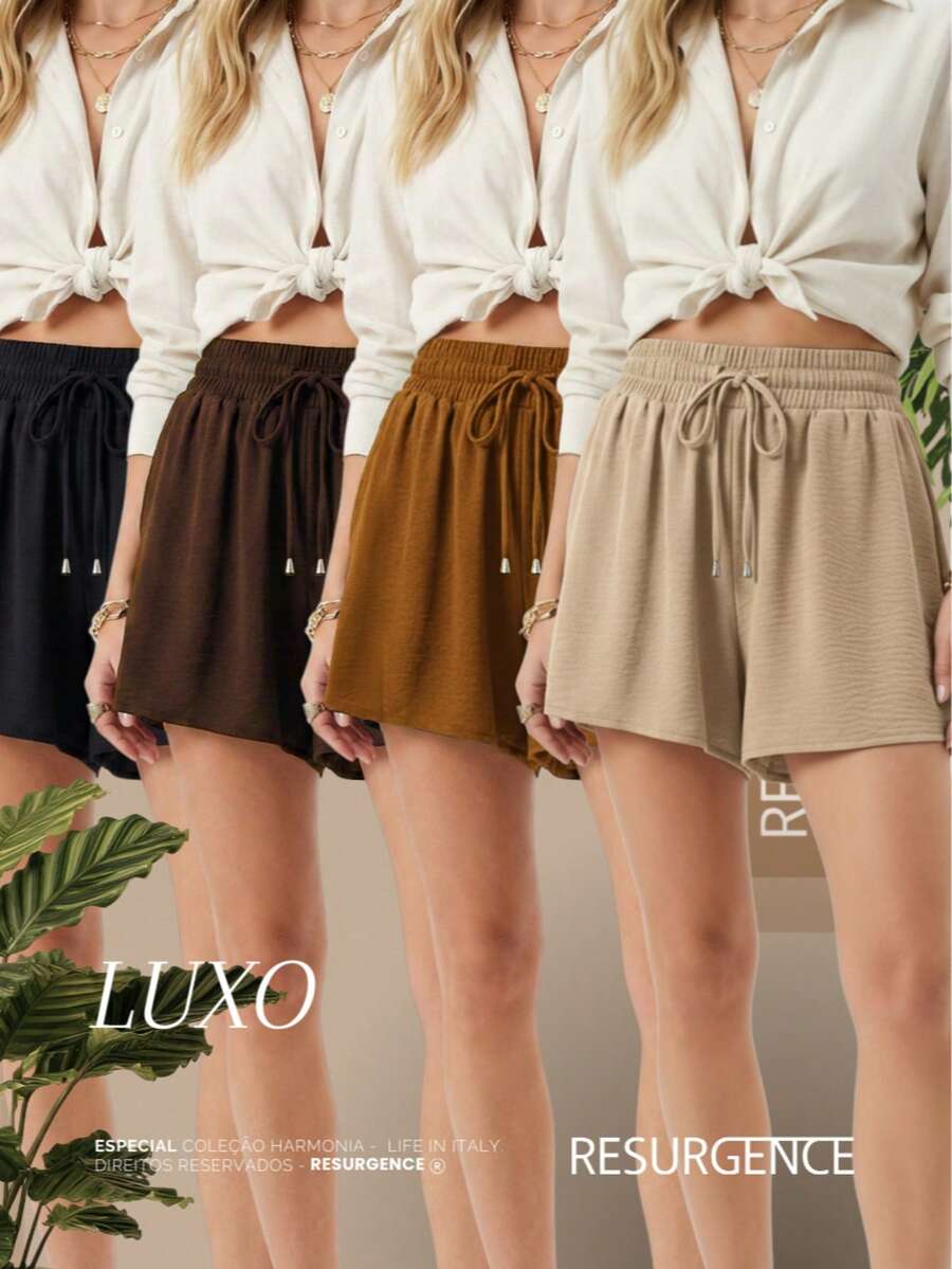 Women's Loose-Fitting High-Waisted Shorts With Elastic Waist, Comfortable, Duna Fabric, Casual, Chic, Everyday, Lightweight, Basic, Blogger Style, Knit Fabric, Faux Drawstring, Women's Fashion, Home, Beach, Vacation, Diary, Brunch, Travel, Spring, Summer - 巧克力棕 - 查看 1