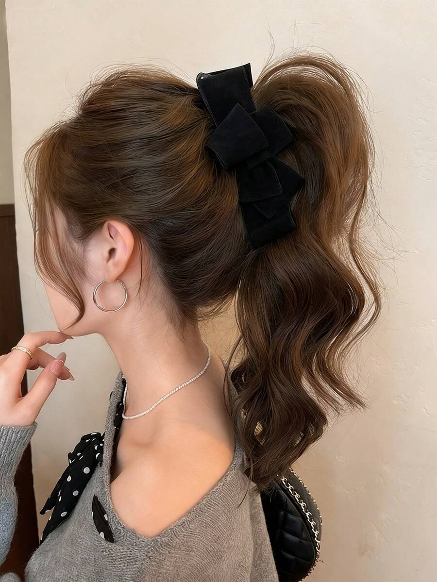 1pc Black Velvet Bow Banana Hair Clip, Stylish One-Piece Twist Clip, New Chic High Ponytail Half Clamp, Minimalist Hair Accessory Suitable For Daily Casual, Commuting, Outing And Gatherings, Claw Clips, Hair Slide, Hair Barrettes, Head Accessories, Hair Accessories For Women, Hairpin
