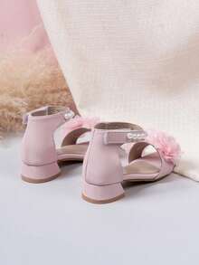 1 Pair Girls' Rhinestone Flower Chunky Heel Open Toe Hook And Loop Princess Sandals, Suitable For Performance, Daily Wear, Summer - Pink - View 6