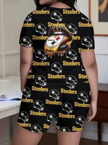 90s Retro Pittsburgh Steelers Plus Size Women's Short-Sleeve Shorts And Leggings Set; 90s Retro Pittsburgh Steelers Plus Size Women's T-Shirt And Leggings Sportswear 9_9_bg8_t1 - 彩色 - 查看 2
