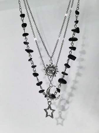 Set de 3 collares con colgantes de piedra de ágata negra triturada con diseños de estrella, sol y luna en estilo Y2K, adecuado para fiestas, citas, uso diario y como regalo del Día de San Valentín