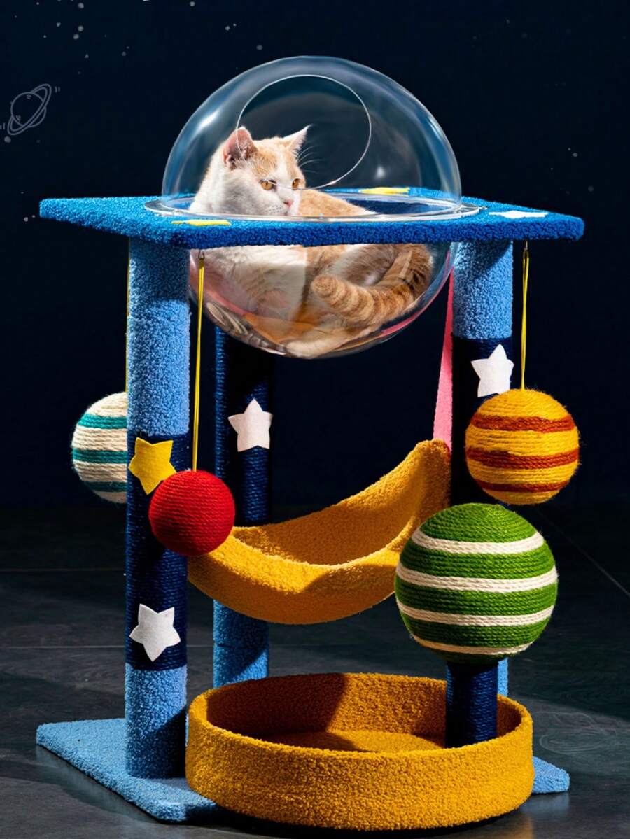 Dreamy Starry Sky Cat Tree With Spaceship Shaped Cat Scratching Post And Perch