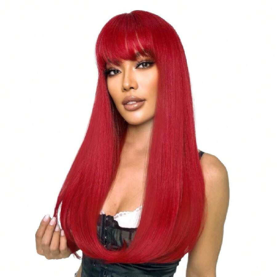 Red Wig With Bangs Long Straight Wigs For Women Red Natural Looking Hair Synthetic Heat Resistant Womens Wig For Daily Party Cosplay Use 22 Inch,38045211 - Red - View 1