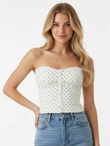 Women Tube Top, Strapless Backless Vest Dots/Stripes Print Summer Ladies Crop Top For Club Party - Beige - View 6