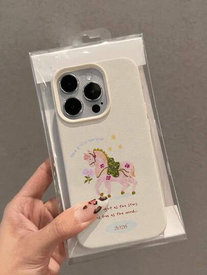 2026 Nieuwjaar Paard Minimalistische Ins Stijl Dopamine Letter Bloemen Niche Creatieve Koreaanse/Japanse Stijl Volledig Bedekkende Zachte Telefoonhoes Compatibel met iPhone 17/17 Pro/17 Pro Max, 16/15/14/13/12/11 Serie