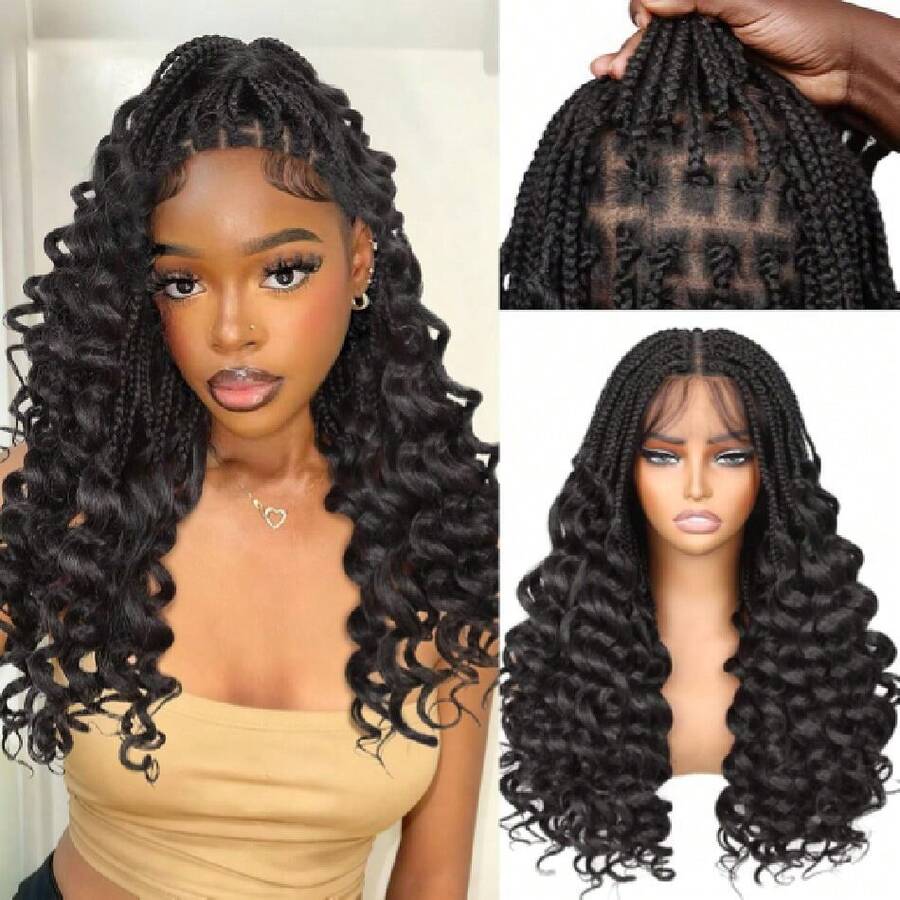 Braided Wigs For Black Women Double Full Lace Box Braided Wigs Synthetic Wavy Glueless Braid Wig With Hair 3D Curls Braided Wig 24 Inch (1B, Wavy-24),38059040 - 亞麻棕 - 查看 1