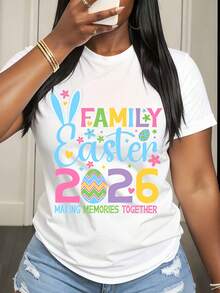 Women Round Neck T-Shirt Easter Family 2026 Making Memories Together Bunny Ears Egg And Flowers Print Casual Spring Holiday Outfit For Easter Celebration - 白色 - 查看 1