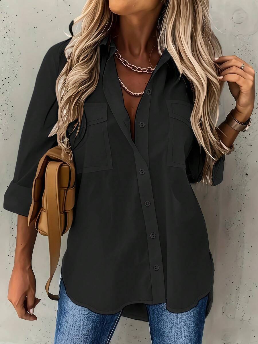 Women's Long Sleeve Button Down Shirt, Solid Color Classic Blouse, Lapel Collar Shirt With Chest Pocket, Spring Fall Tops For Women, Elegant Office Wear, Casual Chic Shirt For Pants & Skirts - màu đen - Xem 1