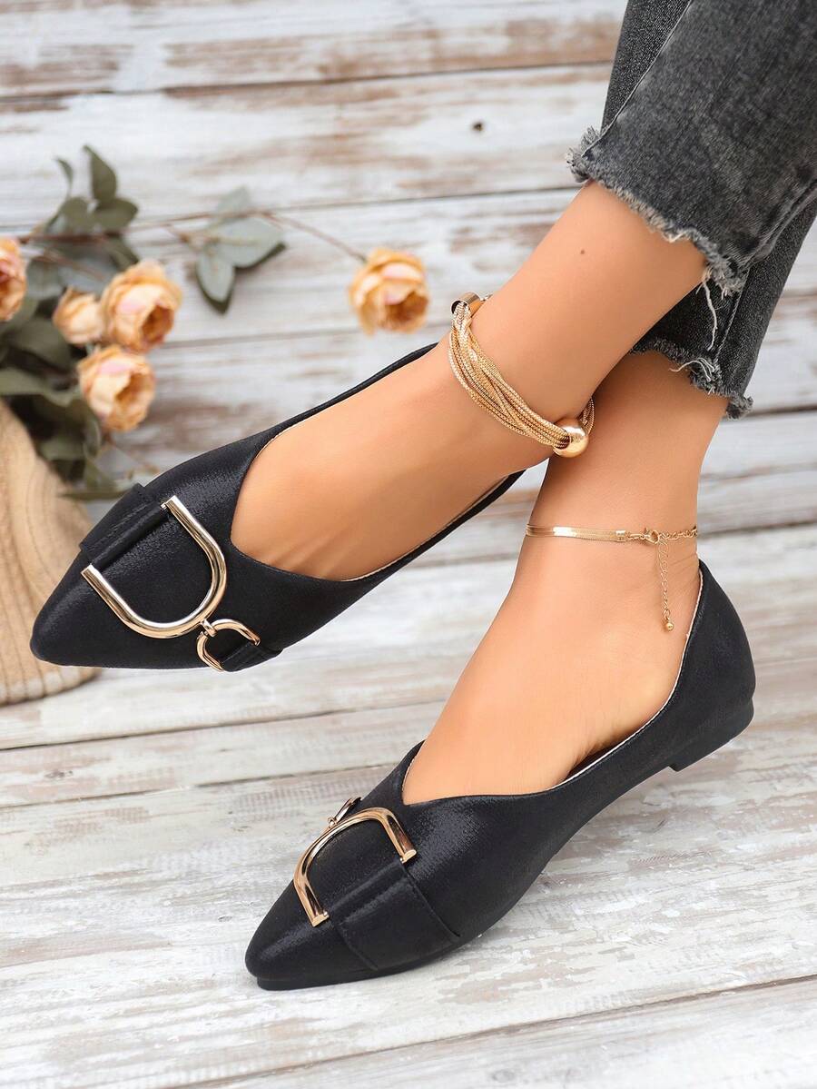 Giày búp bê mũi nhọn nữ, kiểu dáng slip-on, cỡ lớn, trang trí khóa cài, thích hợp cho mùa xuân và mùa thu. - màu đen - Xem 1