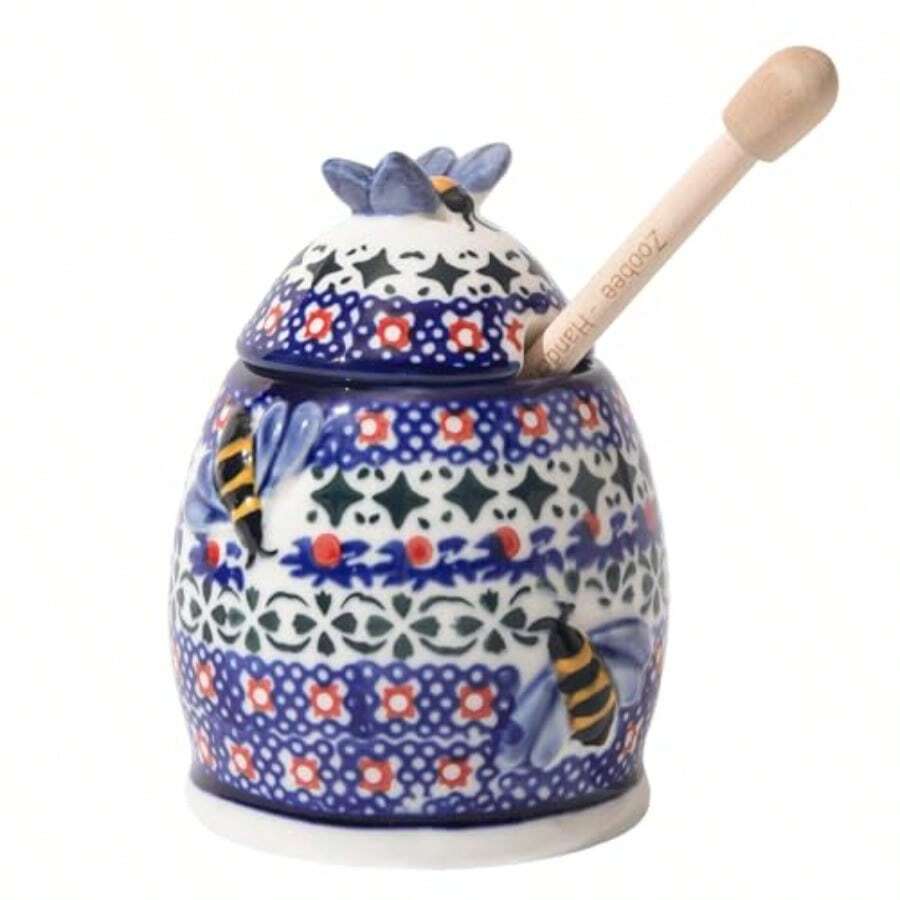 ZOOBEE Ceramic Honey Pots With Dipper And Lid Farmhouse Style10oz Honey Jar With Dipper Handpainted Honey Jars With Bees Easily Wash-Deep Love - 星形花瓣 - 查看 1