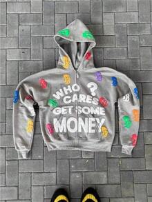 Y2K American Print Oversized Hoodie Jacket – Zip-Up, Retro Vibe, Ultra Comfortable - KTT01-灰色 - 查看 1